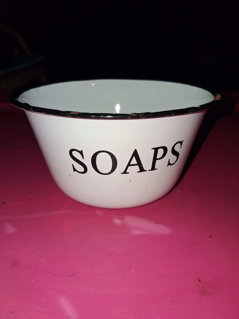 Source Unknown White Enamel “SOAPS” Bowl with Black Trim